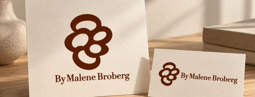 ByMalene Broberg-logo i brun farve vist i vandret og lodret version på lyse kort.